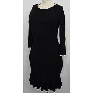 BCX Womens S Sweater Dress Knit Black White‎ Trim 3/4 Sleeve Ruffle Career